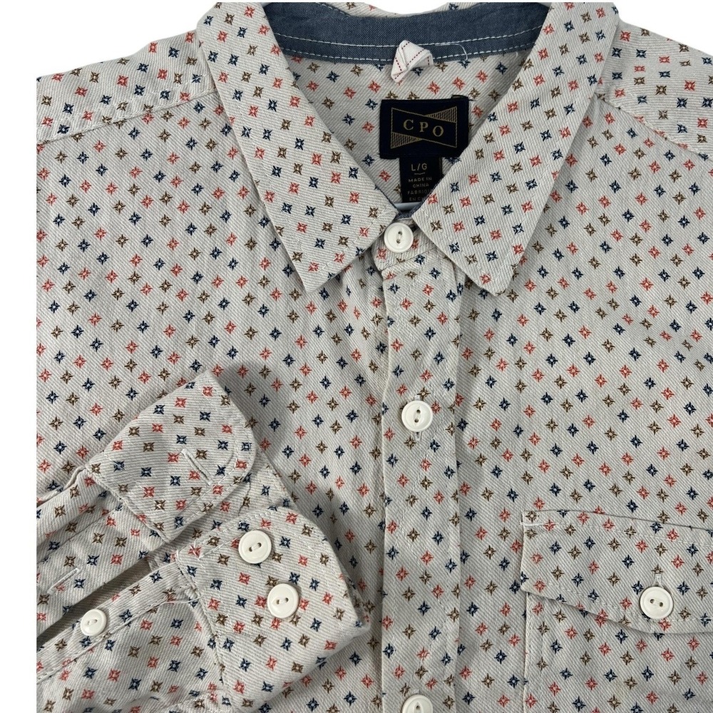 CPO Shirt Mens Large Beige Geometric 100% Cotton Twill Long Sleeve Button Up